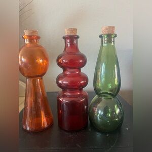 Set of 3 Mid-Century Modern Glass Bottles with Cork Stoppers